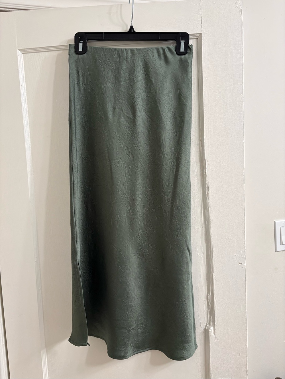 Olive Green Satin Midi Skirt